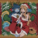  25_kimera 2girls absurdres bell blonde_hair blue_hair blue_horns blue_scales blue_skin blush bow breast_press character_request christmas_ornaments colored_skin curled_horns detached_collar dragon_girl dragon_horns dragon_tail english_text fang fur_trim gift_art hair_bow hat highres holding_hands horns japanese_clothes kimono long_hair multiple_girls neck_bell off_shoulder original pointy_ears red_bow red_kimono red_scales santa_costume santa_hat signature smile sparkle star_(symbol) string sweatdrop tail yellow_eyes 