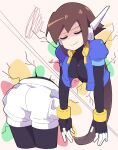  1girl absurdres aile_(mega_man_zx) ass black_bodysuit blue_jacket bodysuit breasts brown_hair buzzlyears closed_eyes closed_mouth cropped_jacket highres jacket large_breasts long_hair mega_man_(series) mega_man_zx short_sleeves shorts solo through_wall white_shorts 