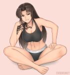  1girl artist_name black_lagoon black_panties black_sports_bra breasts brown_eyes brown_hair calvin_klein cleavage commentary commission erodrunky full_body grin head_rest highres indian_style large_breasts long_hair navel panties revy_(black_lagoon) shoulder_tattoo sitting smile solo sports_bra tattoo underwear 