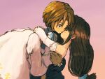  1boy 1girl bare_shoulders blonde_hair blue_eyes blue_ribbon blue_vest brown_hair carrying couple detached_sleeves dress final_fantasy final_fantasy_ix garnet_til_alexandros_xvii gloves grey_gloves hetero highres kiss kissing_cheek long_dress long_hair low-tied_long_hair neck_ribbon parted_bangs pink_background princess_carry ribbon soraoyogusakana vest white_dress white_sleeves wrist_cuffs zidane_tribal 