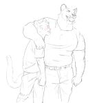 2022 anthro belt blush bottomwear cettus clothed clothing cougar duo embarrassed embrace eyes_closed felid feline fully_clothed happy hug kliment_glazkov looking_at_another male male/male mammal muscular muscular_anthro muscular_male open_mouth pants saber-toothed_tiger shirt size_difference sketch smile tail teeth topwear walking