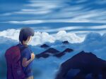  1girl backpack bag black_hair blue_shirt brown_pants cloud cloudy_sky facing_away high_ponytail hiking holding holding_bag kyororiworld landscape medium_hair mountain mountainous_horizon original outdoors pants scenery shirt sky solo standing 