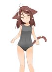  :d animal_ears ariyoshi_gen brown_hair covered_navel ears_down fang looking_at_viewer one-piece_swimsuit open_mouth original simple_background smile solo swimsuit tail white_background yellow_eyes 
