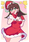  1girl absurdres bare_shoulders blush breasts brown_hair buzzlyears collarbone dress earrings fang gloves green_eyes hat highres jewelry long_hair looking_at_viewer medium_breasts mega_man_(series) mega_man_legends_(series) open_mouth red_dress red_gloves red_headwear santa_hat skull_earrings smile solo tron_bonne_(mega_man) 