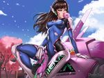  absurdres animal_print arm_support artist_name bangs black_hair blue_bodysuit blue_sky bodysuit bracer breasts breasts_apart brick_wall brown_eyes bubble_blowing bunny_print character_name charm_(object) cherry_blossoms chewing_gum clothes_writing cloud covered_navel covered_nipples d.va_(overwatch) dandon_fuga day english facebook_username facepaint facial_mark finger_on_trigger gloves gun handgun headphones highres hips holding holding_gun holding_weapon huge_filesize knee_up lips looking_to_the_side mecha medium_breasts meka_(overwatch) outdoors overwatch paid_reward patreon_reward petals pilot_suit pink_lips railing ribbed_bodysuit robot_ears sitting skin_tight sky solo thighs transparent tree turtleneck watermark weapon web_address whisker_markings white_gloves 