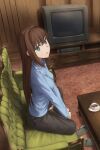  1girl :o aozaki_aoko black_pants blue_eyes blue_sweater breasts brown_hair commentary_request couch cup hair_intakes indoors kamo_ashi long_hair long_sleeves looking_at_viewer mahou_tsukai_no_yoru medium_breasts on_couch pants ribbed_sweater shadow sitting sleeves_past_wrists solo sweater table teacup television turtleneck turtleneck_sweater 