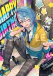  1boy black_hair blue_hair collared_shirt gift graffiti green_necktie grey_pants happy_birthday holding hood hooded_jacket jacket kyo_kaneko male_focus multicolored_clothes multicolored_hair multicolored_jacket necktie nijisanji nijisanji_en official_art one_eye_closed pants pink_hair plaid plaid_pants radio sample_watermark school_uniform shinotarou_(nagunaguex) shirt shoes smile sneakers solo spray_can streaked_hair virtual_youtuber watermark white_shirt yellow_eyes 