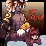 1:1 abs absurd_res animal_genitalia animal_penis ankle_grab anthro asyr_(notravi) athletic athletic_anthro athletic_male bedroom_eyes birthday birthday_hat black_body black_fur black_sclera blaxat blep canid canine canis cherry collar dialogue domestic_dog dreadlocks duo ear_piercing ear_ring english_text equine_genitalia equine_penis erection fangs felid feline food frosting_on_butt fruit fur genitals girly gradient_background grey_body grey_fur hair half-closed_eyes hi_res hot_dogging inviting leg_grab lynx male male/male mammal markings munsy_(blaxat) muscle_tone narrowed_eyes open_mouth pecs penis piercing plant purple_body purple_fur red_hair ring_piercing seductive sex simple_background smile smirk smug smug_face smug_grin spiked_collar spikes teeth text thick_thighs tongue tongue_out wide_hips yellow_markings