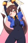  1girl absurdres aile_(mega_man_zx) arms_up black_bodysuit blue_jacket bodysuit breasts brown_hair buzzlyears cropped_jacket green_eyes highres jacket long_hair medium_breasts mega_man_(series) mega_man_zx one_eye_closed short_sleeves solo stretching 