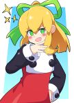  1girl absurdres blonde_hair blush buzzlyears fang green_eyes green_ribbon hair_ribbon hand_on_own_hip highres long_hair long_sleeves looking_at_viewer mega_man_(classic) mega_man_(series) open_mouth ponytail ribbon roll_(mega_man) smile solo upper_body 