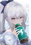 1girl anger_vein blue_archive blush bottle closed_mouth commentary english_commentary grey_hair grey_hoodie hair_between_eyes highres holding holding_bottle hood hood_down hoodie long_hair long_sleeves looking_at_viewer miyako_(blue_archive) ponytail purple_eyes rikotch07 solo upper_body 