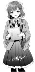  1girl asahi_(kancolle) blush braid breasts floral_print greyscale hair_ribbon highres holding japanese_clothes kantai_collection long_sleeves looking_at_viewer mole mole_under_mouth monochrome nanashiki_fuuka open_mouth pantyhose ribbon side_braid simple_background solo 