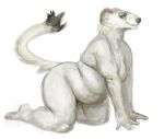 2023 all_fours anthro belly cettus female fur mammal maren_sommer mustelid musteline nude overweight overweight_anthro overweight_female side_view simple_background smile solo stoat tail true_musteline weasel white_background white_body white_fur