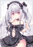  1girl black_bow black_dress bow bow_choker breasts cleavage comiket_103 diamond_(shape) dress frilled_hairband frills grey_hair hairband highres navel original pink_eyes single_wrist_cuff solo spaghetti_strap white_bow wrist_cuffs yukimura_usagi 