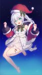  1girl :d bare_shoulders barefoot bell blue_eyes bow commentary_request dress full_body fur-trimmed_dress fur-trimmed_headwear fur-trimmed_jacket fur-trimmed_sleeves fur_trim green_bow hair_between_eyes hands_up hat highres honkai_(series) honkai_impact_3rd jacket knees_together_feet_apart long_hair long_sleeves looking_at_viewer neck_bell open_clothes open_jacket red_headwear red_jacket santa_hat smile solo strapless strapless_dress striped striped_bow tama_(tamatamo) theresa_apocalypse white_dress white_hair wide_sleeves 
