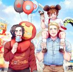  3boys aged_down amusement_park animal_ears animification balloon belt black_hair blonde_hair blue_eyes blue_shirt blue_sky blurry blurry_background blush brown_belt brown_eyes brown_footwear brown_hair brown_pants buttons carrying character_doll character_print child clothes_writing cloud cloudy_sky collared_shirt day doll fake_animal_ears ferris_wheel fingernails food hand_up hands_up heart heart_print highres holding holding_food holding_ice_cream ice_cream iron_man james_buchanan_barnes long_sleeves looking_at_another looking_down looking_up male_focus marvel marvel_cinematic_universe mickey_mouse_ears mouse_ears multiple_boys open_mouth outdoors pants plaid plaid_shirt pocket prosthesis prosthetic_arm red_shirt red_shorts shirt shoes short_hair shorts shoulder_carry sitting sky smile socks standing star_(symbol) star_print steve_rogers suspender_shorts suspenders t-shirt teeth tongue tony_stark white_shirt white_socks wodeyongheng 