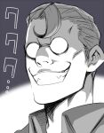  1boy bad_id bad_pixiv_id character_request check_copyright collared_shirt copyright_request evil_smile glasses greyscale hair_slicked_back hellsing mabataki male_focus monochrome opaque_glasses portrait round_eyewear shirt short_hair sideburns smile solo 