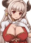  alicia_(granblue_fantasy) bangs breasts cleavage draph earrings eyebrows eyebrows_visible_through_hair gloves granblue_fantasy hand_on_own_chest horns jewelry kasanui large_breasts long_hair looking_at_viewer pointy_ears red_eyes silver_hair simple_background solo upper_body white_background white_gloves 