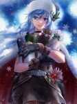  1girl black_choker blue_eyes blue_hair box bream-tan cape choker christmas closed_mouth flower fur_cape fur_hat fur_trim gift gift_box gloves hat highres long_hair looking_at_viewer maria_traydor skirt smile snowflakes solo star_ocean star_ocean_anamnesis star_ocean_till_the_end_of_time winter_clothes 