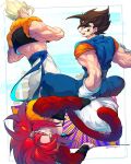  black_hair blue_eyes blue_sash closed_mouth dougi dragon_ball dragon_ball_gt dragon_ball_z earrings gloves gogeta jewelry long_hair looking_at_viewer male_focus metamoran_vest monkey_boy monkey_tail multiple_boys muscular muscular_male ommmyoh open_mouth pants potara_earrings red_fur saiyan sash smile spiked_hair super_saiyan super_saiyan_1 super_saiyan_4 tail twitter_username vegetto 