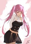  1girl absurdres ascot belt breasts closed_mouth fire_emblem fire_emblem:_three_houses garreg_mach_monastery_uniform hand_to_own_mouth highres hilda_valentine_goneril jiaban1216 long_hair long_sleeves looking_at_viewer pink_eyes pink_hair smile solo twintails white_ascot 
