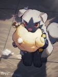  arc_draws character_doll colored_sclera cotton_ball highres mareep mixed-language_commentary mouth_hold no_humans pokemon pokemon_(creature) poochyena red_eyes sitting solo stitches stuffing tile_floor tiles yellow_sclera 