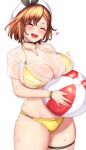  1girl :d anisdrawn artist_name atelier_(series) atelier_ryza ball beachball beret bikini bow bracelet braid breasts brown_hair cleavage closed_eyes commentary facing_viewer hat hat_bow heart highres holding holding_ball holding_beachball jewelry large_breasts reisalin_stout see-through see-through_shirt shirt short_hair smile solo swimsuit thigh_strap wet white_background white_headwear white_shirt yellow_bikini 