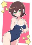  1girl absurdres aile_(mega_man_zx) ass blue_one-piece_swimsuit blush breasts brown_hair buzzlyears cleavage closed_mouth collarbone competition_school_swimsuit green_eyes highres looking_at_viewer medium_breasts mega_man_(series) mega_man_zx one-piece_swimsuit school_swimsuit short_hair smile solo swimsuit v 