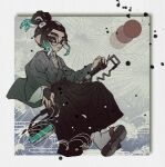  1boy black_hair black_hakama border closed_mouth full_body glasses gradient_hair green_eyes green_hair hakama holding holding_sword holding_weapon japanese_clothes medium_hair multicolored_hair octoling octoling_boy ponytail round_eyewear sandals socks solo splatana_wiper_(splatoon) splatoon_(series) splatoon_3 sword tentacle_hair thenintlichen96 two-tone_hair weapon white_border white_socks 