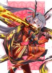  1girl armor blush bodysuit duel_monster grey_hair hair_ornament highres holding holding_weapon long_hair looking_at_viewer noppe red_armor red_eyes scarf sky_striker_ace_-_kagari sky_striker_ace_-_raye sky_striker_ace_-_roze solo sword twintails weapon wings yu-gi-oh! yu-gi-oh!_master_duel 