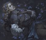  1girl absurdres artist_name belt black_background black_gloves blonde_hair blue_flower braid buriedinembers buttons capelet closed_mouth dark_souls_(series) dark_souls_ii english_commentary flower gloves head_wreath highres long_hair lucatiel_of_mirrah lying on_back purple_flower solo twitter_username wavy_hair 