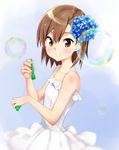  blush brown_eyes brown_hair bubble bubble_blowing dress frilled_dress frills from_side hair_ornament highres looking_at_viewer masamuuu misaka_mikoto simple_background solo to_aru_kagaku_no_railgun to_aru_majutsu_no_index white_background white_dress younger 