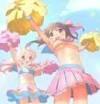  2girls :d ahoge alternate_costume arm_up armpits black_hair blue_sky breasts brown_eyes cheerleader cloud colored_inner_hair commentary confetti cowboy_shot crop_top day gloves hair_between_eyes hair_ornament hair_ribbon hairband hairclip holding holding_pom_poms jacket kyarahiba long_hair medium_breasts miniskirt multicolored_hair multiple_girls navel onii-chan_wa_oshimai! open_clothes open_jacket outdoors outstretched_arms oyama_mahiro oyama_mihari pink_hair pink_skirt pleated_skirt pom_pom_(cheerleading) purple_hair ribbon siblings sisters skirt sky sleeveless small_breasts smile striped striped_ribbon two-tone_hair underboob wristband 
