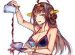  bad_id bad_pixiv_id bikini_top blue_eyes breasts brown_hair cleavage coffee collarbone cup decantering failure hair_ornament holding jewelry kantai_collection kongou_(kantai_collection) liquid long_hair medium_breasts mi_bait navel necklace pouring simple_background solo teacup white_background you're_doing_it_wrong 