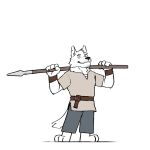 3000vnd anthro belt bottomwear canid canine canis clothed clothing demons_within facial_hair fur garret_(demons_within) hi_res holding_object holding_weapon male mammal pants simple_background solo topwear weapon white_body white_fur wolf