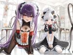  2girls absurdres apron azur_lane bare_shoulders between_legs black_bow black_dress black_gloves black_pantyhose bow bowtie bracelet breasts copyright_name cup dress elbow_gloves fangs felix_schultz_(azur_lane) fingernails flandre_(azur_lane) gloves hair_between_eyes hair_bow hand_between_legs hidulume highres holding holding_cup jewelry kneeling long_hair maid maid_headdress multiple_girls official_alternate_costume open_mouth pantyhose puffy_short_sleeves puffy_sleeves purple_eyes purple_hair red_bow red_bowtie red_eyes second-party_source short_sleeves sitting small_breasts spiked_bracelet spikes twintails very_long_hair wariza white_apron white_hair white_pantyhose wrist_cuffs 