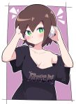  1girl absurdres aile_(mega_man_zx) alternate_costume arms_up black_shirt blush breasts brown_hair buzzlyears closed_mouth collarbone green_eyes highres large_breasts looking_at_viewer mega_man_(series) mega_man_zx shirt short_hair short_sleeves solo 