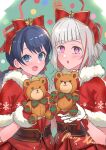  :d :o absurdres alternate_hairstyle asymmetrical_hair blue_eyes blue_hair bow christmas_tree dollchestra fur-trimmed_gloves fur-trimmed_jacket fur-trimmed_sleeves fur_collar fur_trim gloves hair_bow highres holding holding_toy jacket link!_like!_love_live! love_live! low_twintails merry_christmas multicolored_hair murano_sayaka red_bow red_eyes red_gloves red_hair red_jacket red_skirt santa_costume side-by-side skirt smile snowflake_print ssyunn streaked_hair stuffed_animal stuffed_toy teddy_bear toy twintails white_gloves white_hair yugiri_tsuzuri 