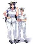  1girl admiral_(kantai_collection) alternate_costume belt black_eyes black_hair blush brown_eyes commentary_request crossed_arms female_service_cap hand_on_hip hat height_difference highres kantai_collection long_hair looking_at_another military military_hat military_uniform nagato_(kantai_collection) naval_uniform norinco smile twitter_username uniform 