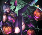  1girl \||/ absurdres bare_shoulders bewitching_elise breasts candy cave claws elise_(league_of_legends) english_commentary food full_body gem gloves glowing gold_trim grey_hair halloween highres league_of_legends legs medium_breasts mini_wings nyaamen_fork official_alternate_costume pumpkin purple_eyes purple_gloves purple_thighhighs shadow silk single_hair_intake sitting sleeveless solo spider_web thighhighs thighs tilted_headwear tongue tongue_out tree wings witch 