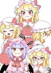  5girls adjusting_eyewear ascot bat_wings blonde_hair blue_hair bob_cut bow clenched_hand clone closed_eyes collared_shirt fangs flandre_scarlet four_of_a_kind_(touhou) frilled_shirt frilled_shirt_collar frilled_wrist_cuffs frills from_side glasses grin hat hat_bow highres looking_at_another looking_at_viewer looking_to_the_side medium_hair mob_cap multiple_girls one_side_up oninamako pink_headwear pink_shirt puffy_short_sleeves puffy_sleeves red-framed_eyewear red_ascot red_bow red_eyes red_skirt red_vest remilia_scarlet shirt short_sleeves siblings sidelocks sisters skirt slit_pupils smile sweat touhou vest white_background white_headwear white_shirt wings wrist_cuffs 