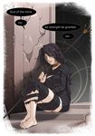  bandages barefoot black_hair bound bound_legs braid breasts choker commentary demon's_souls english full_body highres legs_together long_hair maiden_in_black medium_breasts no_eyes sleeping sleeping_upright solo souls_(from_software) speech_bubble staff whistle_frog 