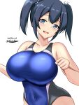  1girl black_hair black_one-piece_swimsuit blue_eyes blue_hair blue_one-piece_swimsuit blush breasts competition_swimsuit covered_navel cowboy_shot dated hair_between_eyes hair_ribbon highres kantai_collection large_breasts looking_at_viewer medium_hair montemasa one-hour_drawing_challenge one-piece_swimsuit open_mouth ribbon simple_background smile souryuu_(kancolle) swimsuit twintails twitter_username two-tone_swimsuit 