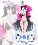  1girl absurdres arm_behind_head arm_up bare_shoulders bikini bird black_bikini black_hair black_halo blue_archive blush breasts bright_pupils cleavage commentary double-parted_bangs eimi_(blue_archive) eimi_(swimsuit)_(blue_archive) eimi_(swimsuit)_(blue_archive)_cosplay english_commentary goggles goggles_on_head hair_between_eyes halo hand_on_own_hip highres jacket large_breasts long_hair looking_at_viewer navel off_shoulder open_clothes open_jacket penguin pink_jacket pinku_life red_eyes red_halo rio_(blue_archive) scarf side-tie_bikini_bottom ski_goggles solo standing stomach swimsuit very_long_hair white_background white_footwear white_pupils white_scarf zoom_layer 