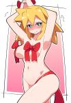  1girl absurdres arms_up blonde_hair bow buzzlyears green_eyes highres long_hair looking_at_viewer mega_man_(series) mega_man_legends_(series) navel nude red_bow red_ribbon ribbon roll_caskett_(mega_man) solo sweat 