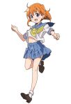  black_footwear blue_eyes blue_sailor_collar blue_skirt higurashi_no_naku_koro_ni jumping looking_at_viewer neckerchief orange_hair pleated_skirt ryuuguu_rena sailor_collar school_uniform shirt skirt socks st._lucia_academy_school_uniform stomach white_shirt white_socks yamanety yellow_neckerchief 