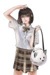  1girl animal_bag arm_up bag blue_eyes bow bowtie brown_bow brown_bowtie brown_hair brown_skirt cat_bag commentary english_commentary highres holding holding_bag original otsiran plaid plaid_bow plaid_bowtie plaid_skirt shaded_face shirt short_hair signature simple_background skirt solo standing white_background white_shirt 