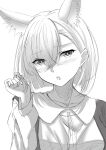  1girl absurdres animal_ear_fluff animal_ears blush extra_ears fox_ears fox_girl greyscale hair_between_eyes highres indie_virtual_youtuber kamishiro_natsume kitsune long_sleeves looking_at_viewer medium_hair monochrome nose_blush open_mouth rairaisuruyo simple_background sketch solo upper_body virtual_youtuber white_background 