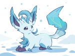  alternate_color animal_focus blue_fur brown_eyes closed_mouth commentary_request highres leaf leafeon neko_gyoza no_humans pokemon pokemon_(creature) sitting snout snowing tail white_background 