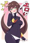  +++ 1girl absurdres aile_(mega_man_zx) black_bodysuit blush bodysuit breasts brown_hair buzzlyears fang green_eyes highres large_breasts long_hair looking_at_viewer mega_man_(series) mega_man_zx open_mouth panties panty_pull skin_fang smile smug solo speech_bubble translation_request underwear white_panties 